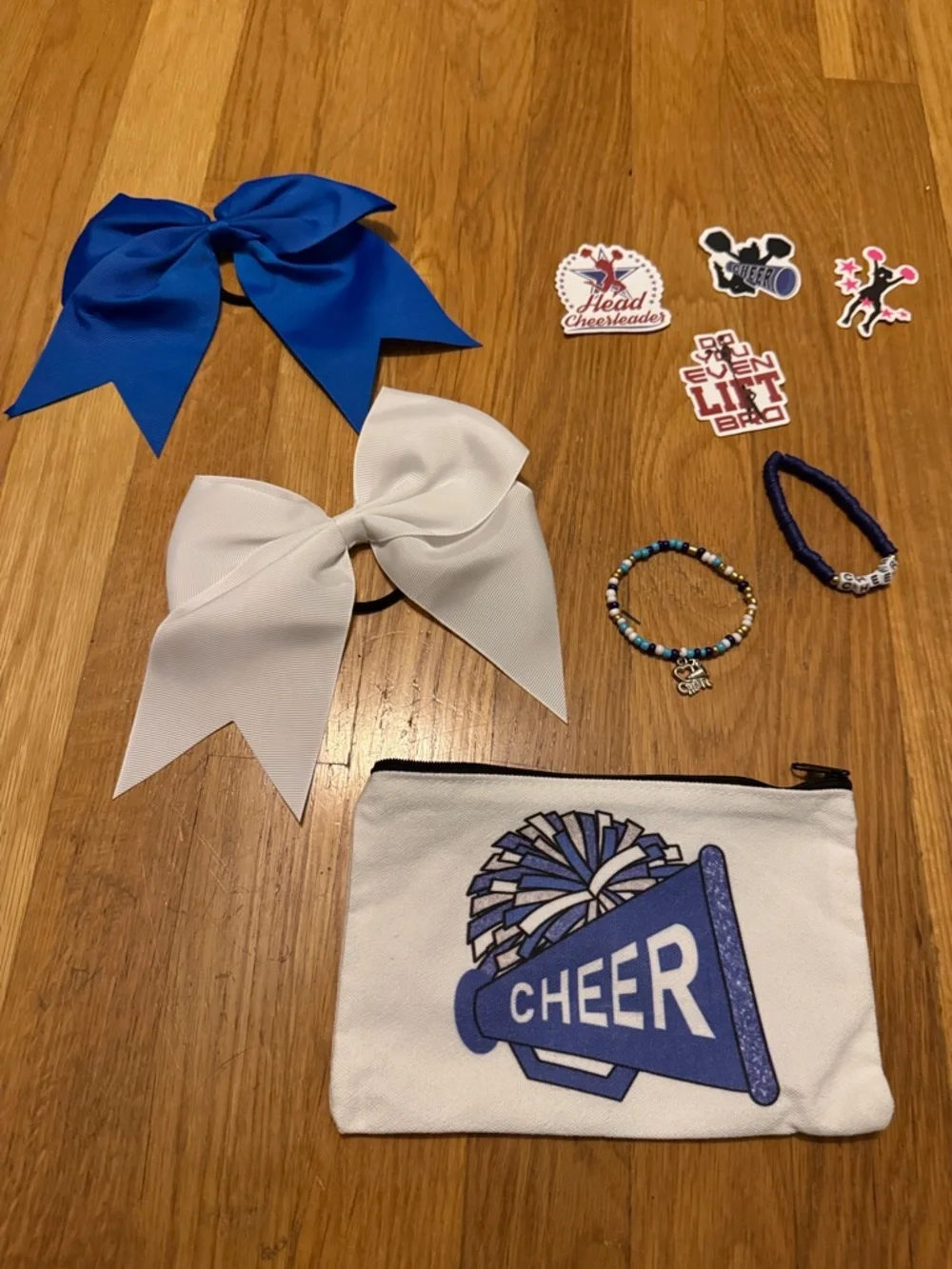Blue and White Cheer Hair Bows with Cheer Pouch - Kids Accessories